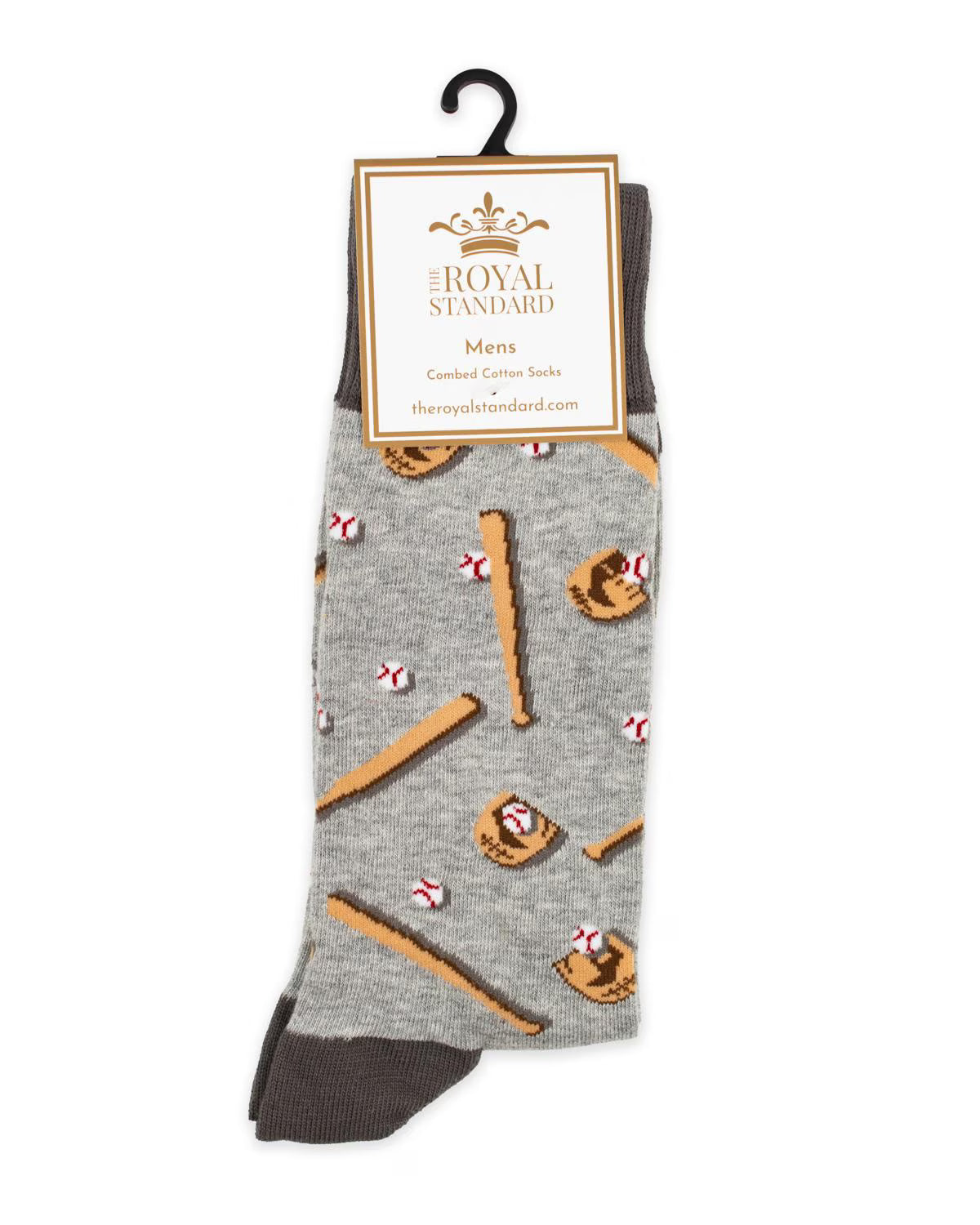 Gray socks with baseball-themed design featuring 'Royal Standard' branding.