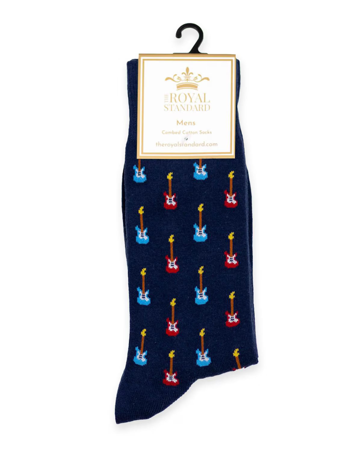 Navy sock with guitar pattern featuring The Royal Standard branding.