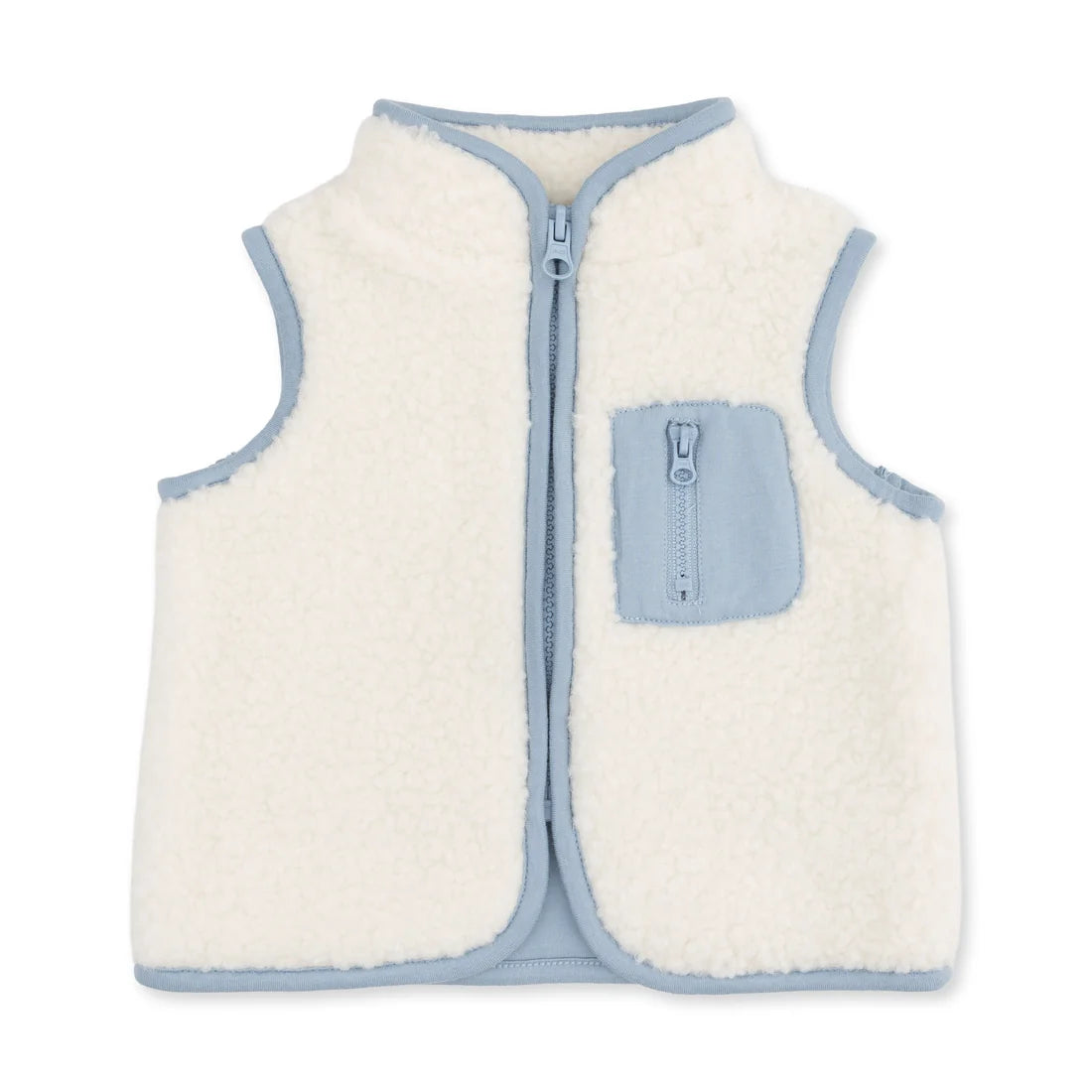 Angel dear sherpa sleeveless zip-up fleece vest in off-white with light blue trim and a matching light blue chest pocket, shown on a plain white background.