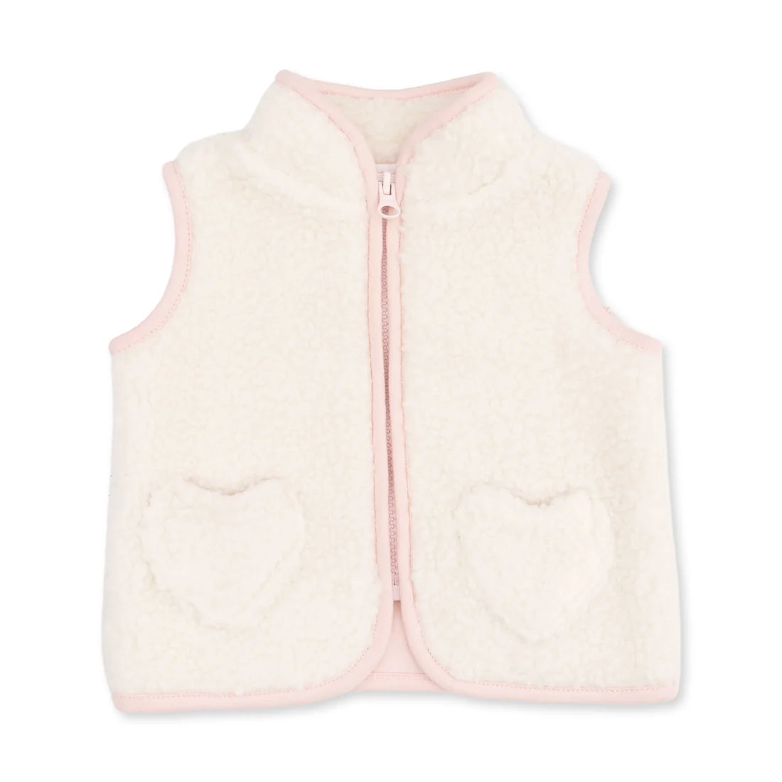 Angel dear cream-colored sherpa fleece vest with light pink trim, featuring a front zipper and two heart-shaped sherpa pockets on the front.