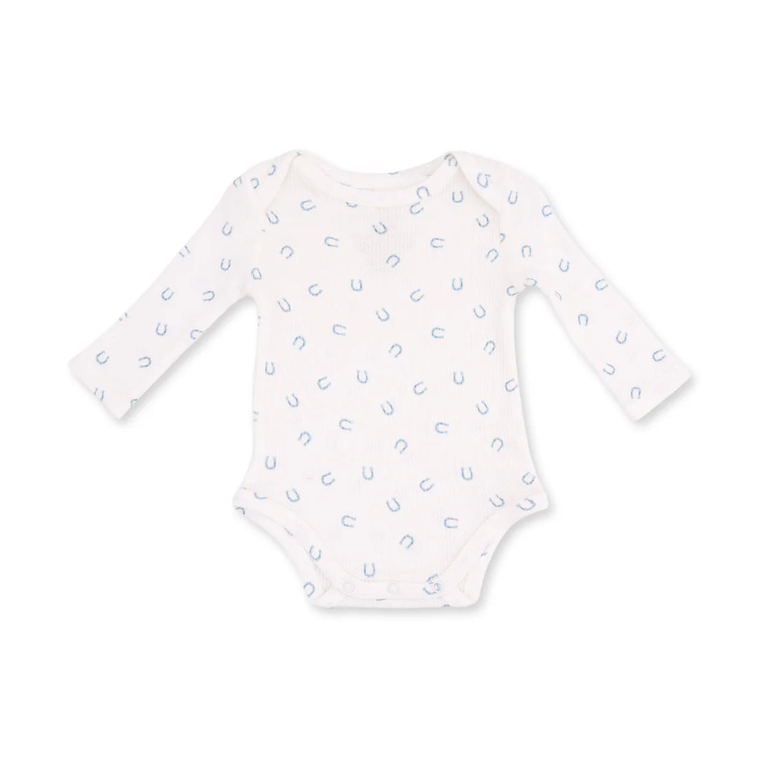 White Angel Dear Little Horseshoes bodysuit with long sleeves and a snap bottom with a print of blue little horseshoes.