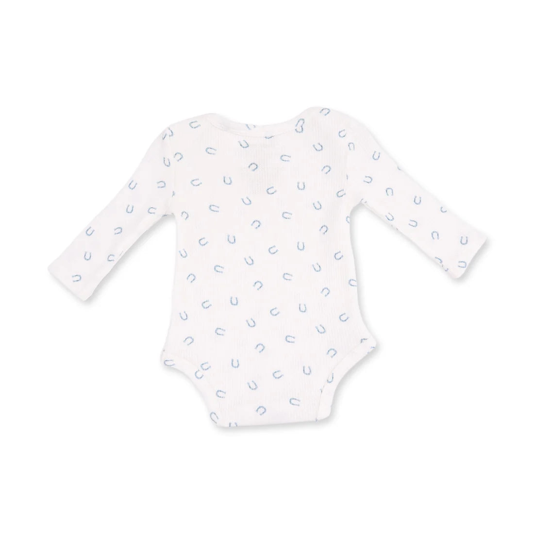back of an Angel dear little horseshoes  long-sleeve baby bodysuit in white with a light blue horseshoe pattern, displayed flat against a solid white background.