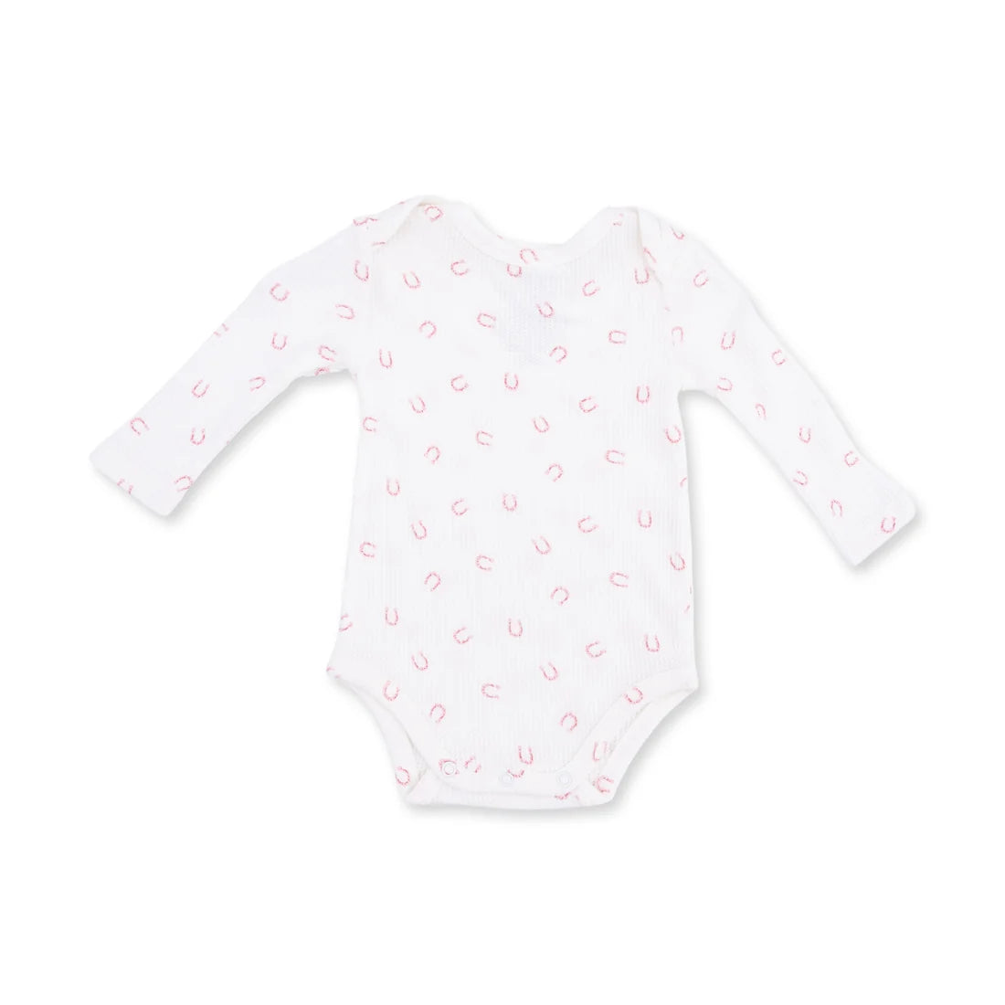 White Angel Dear Little Horseshoes bodysuit with long sleeves and a snap bottom with a print of pink little horseshoes.