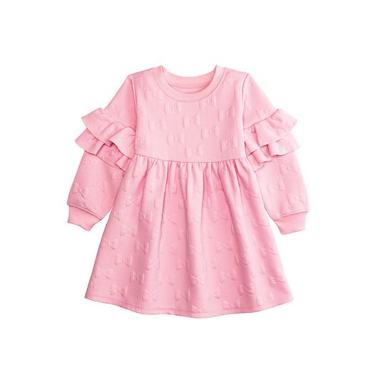 children's Pink jacquard dress with ruffled sleeves and a quilted bow patterned fabric