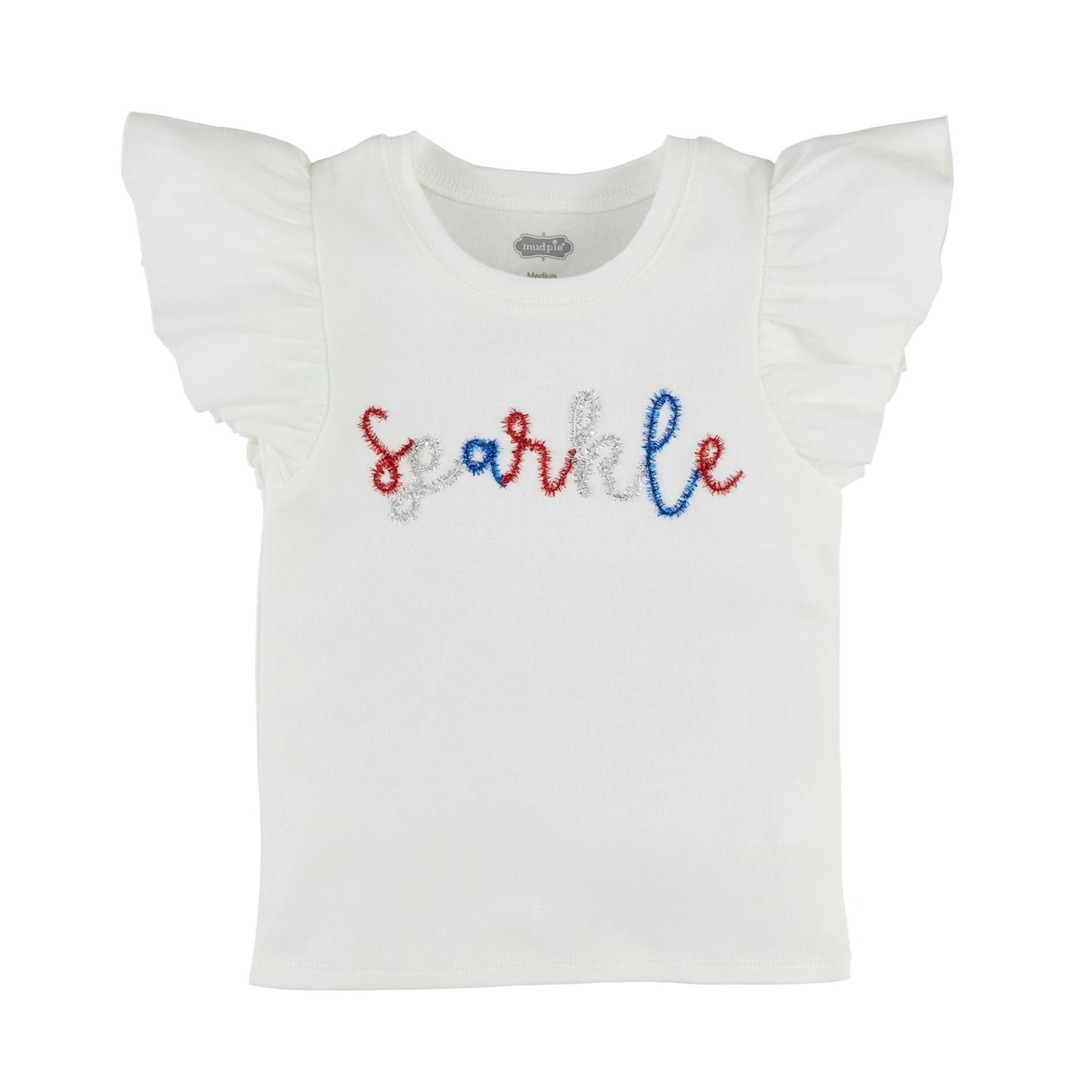 Girls mudpie White t-shirt with 'Sparkle' in tinsel red white and blue letters on a white background