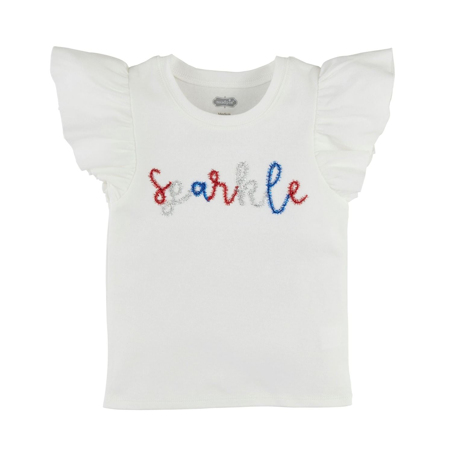 Girls mudpie White t-shirt with 'Sparkle' in tinsel red white and blue letters on a white background