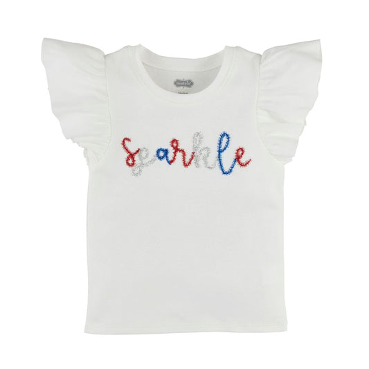 Girls mudpie White t-shirt with 'Sparkle' in tinsel red white and blue letters on a white background