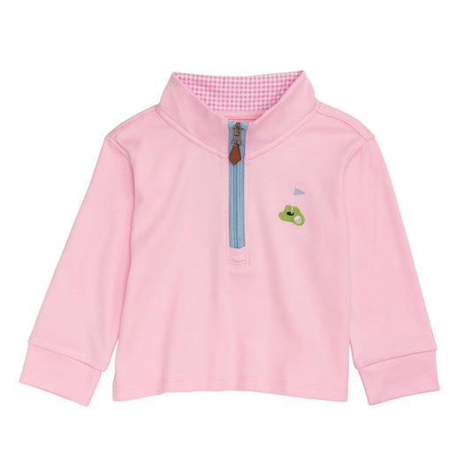 Pink children's sweatshirt with an embroidered golf logo and gingham collar