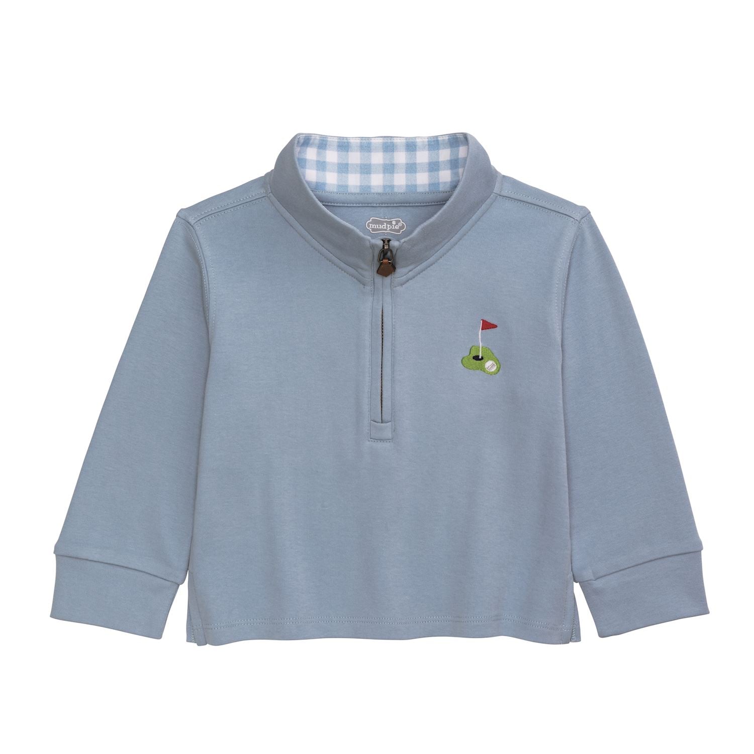 Children's light blue long-sleeve quarter zip shirt with plaid collar and a golf tee emblem by Mudpie on a white background