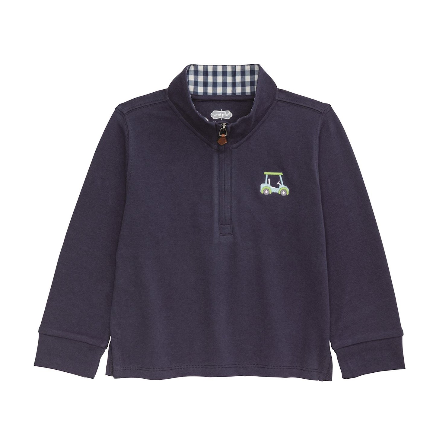 Navy blue long-sleeve quarter zip shirt with plaid collar and golf cart emblem on a white background by mudpie