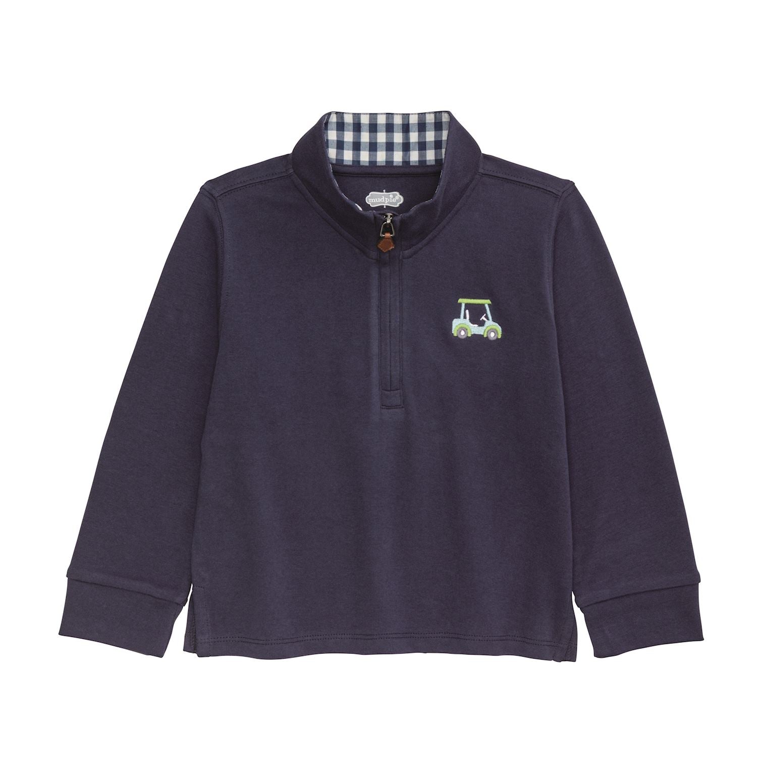 Navy blue long-sleeve quarter zip shirt with plaid collar and golf cart emblem on a white background by mudpie