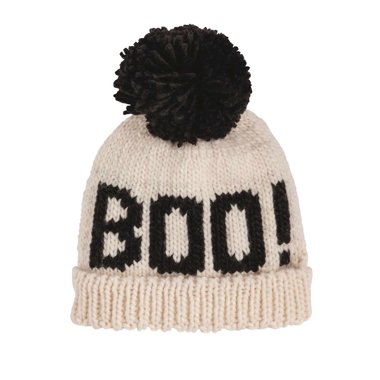 Knitted beanie with black pom-pom and 'BOO!' text on a white background