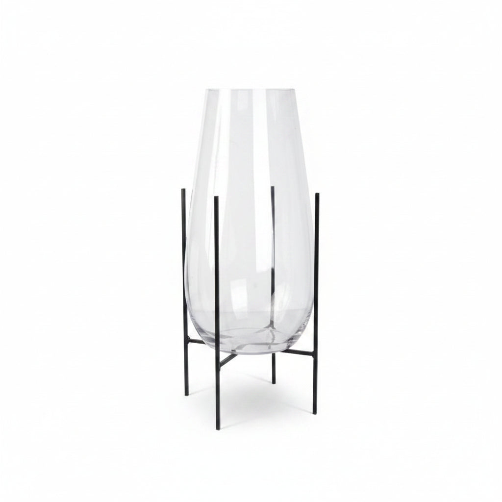 Large clear glass vases with black metal stands, shown on a white background. 