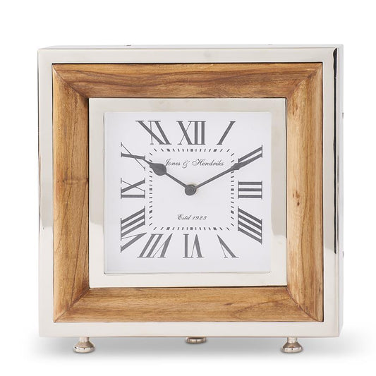 Wood & Silver Square Tabletop Clock