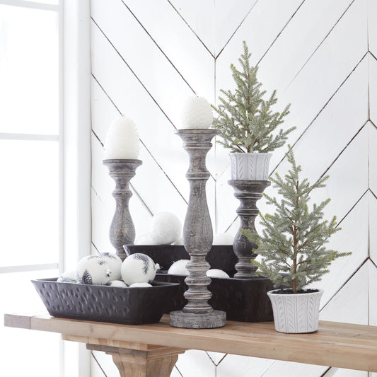 Gray Ribbed Wood Candleholder Medium