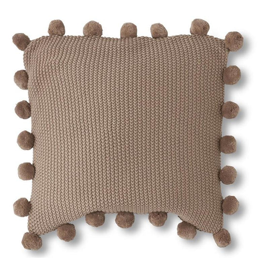 Moss Stitch Knit Pillow w/ Pompom Trim Brown
