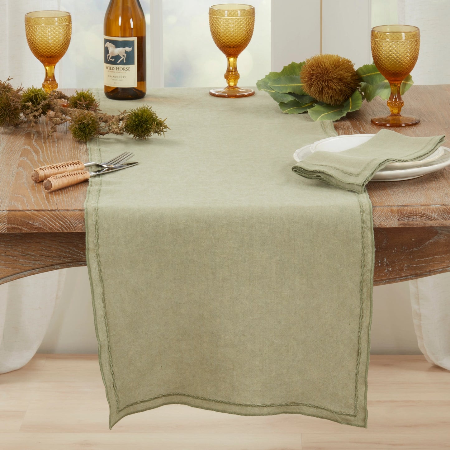 Saro Stonewashed Overlock Border Runner Olive