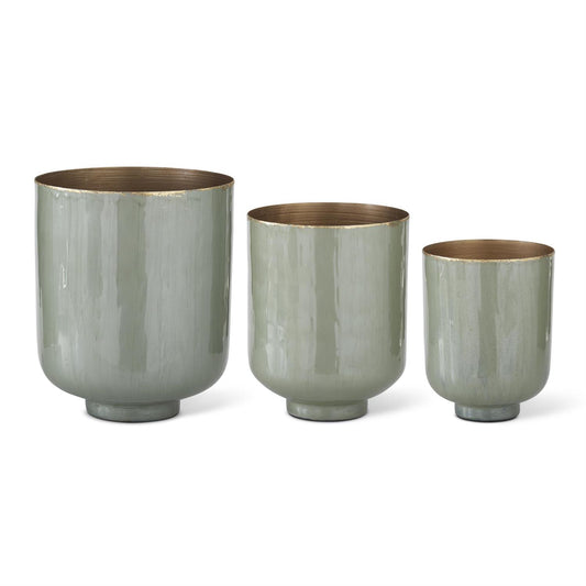 Glossy Sage Green Enameled Iron Footed Vase Large