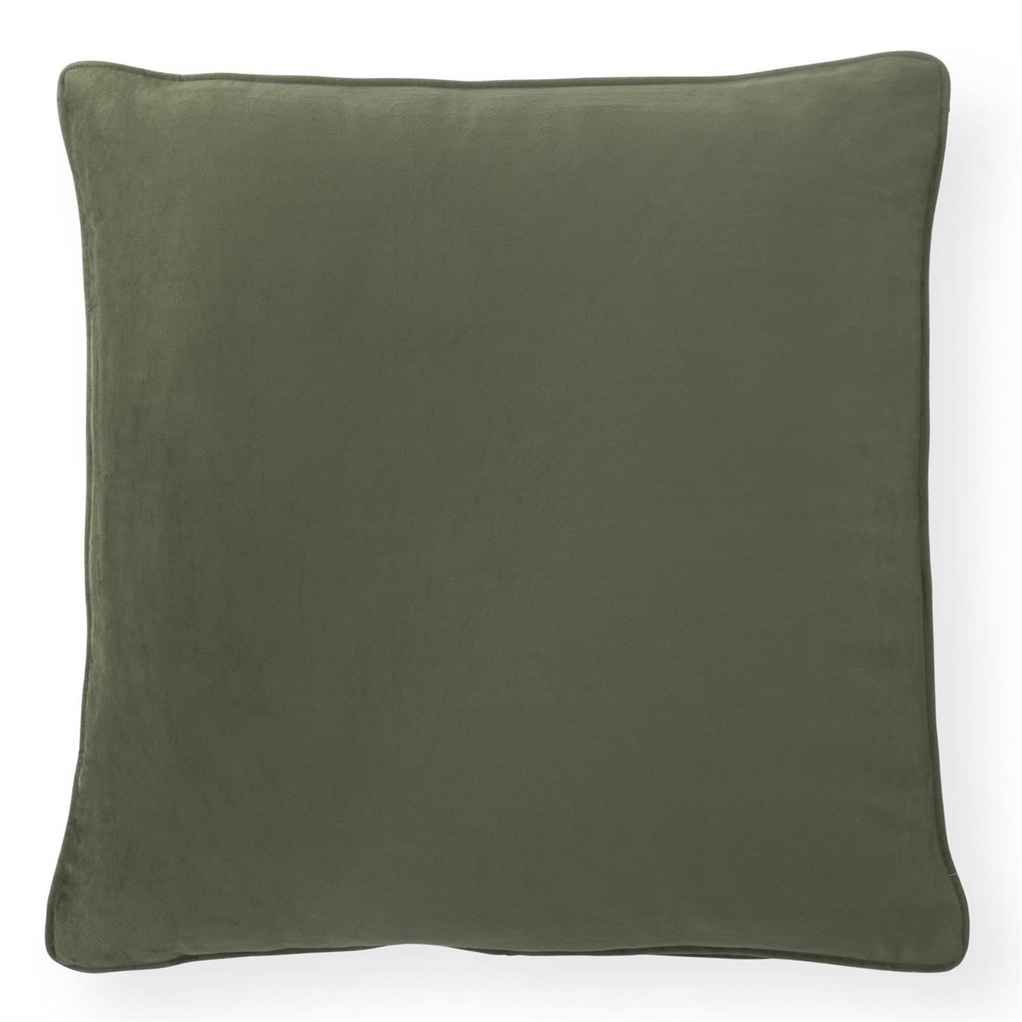 An olive green velvet square throw pillow with piped edges, shown against a plain white background.