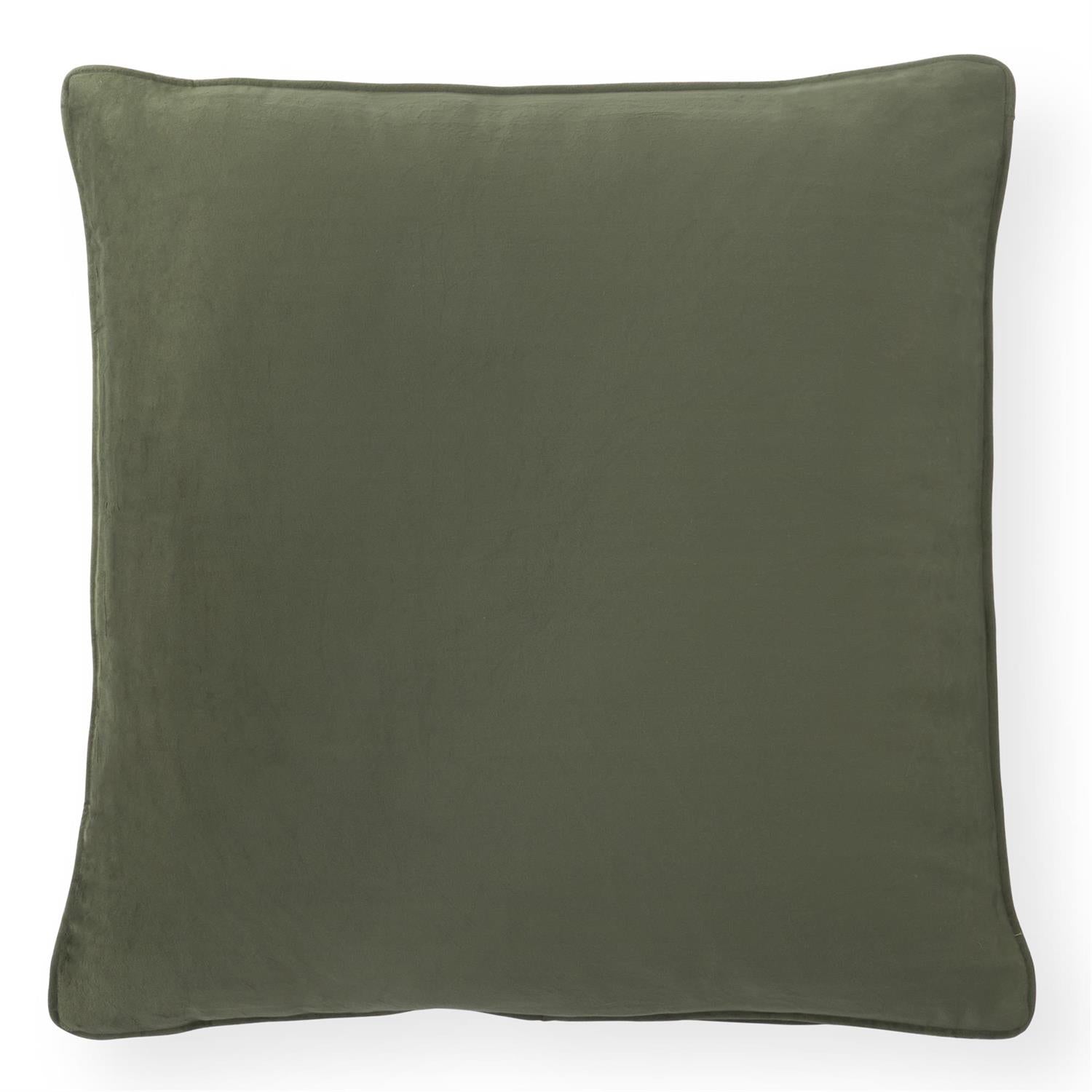 An olive green velvet square throw pillow with piped edges, shown against a plain white background.