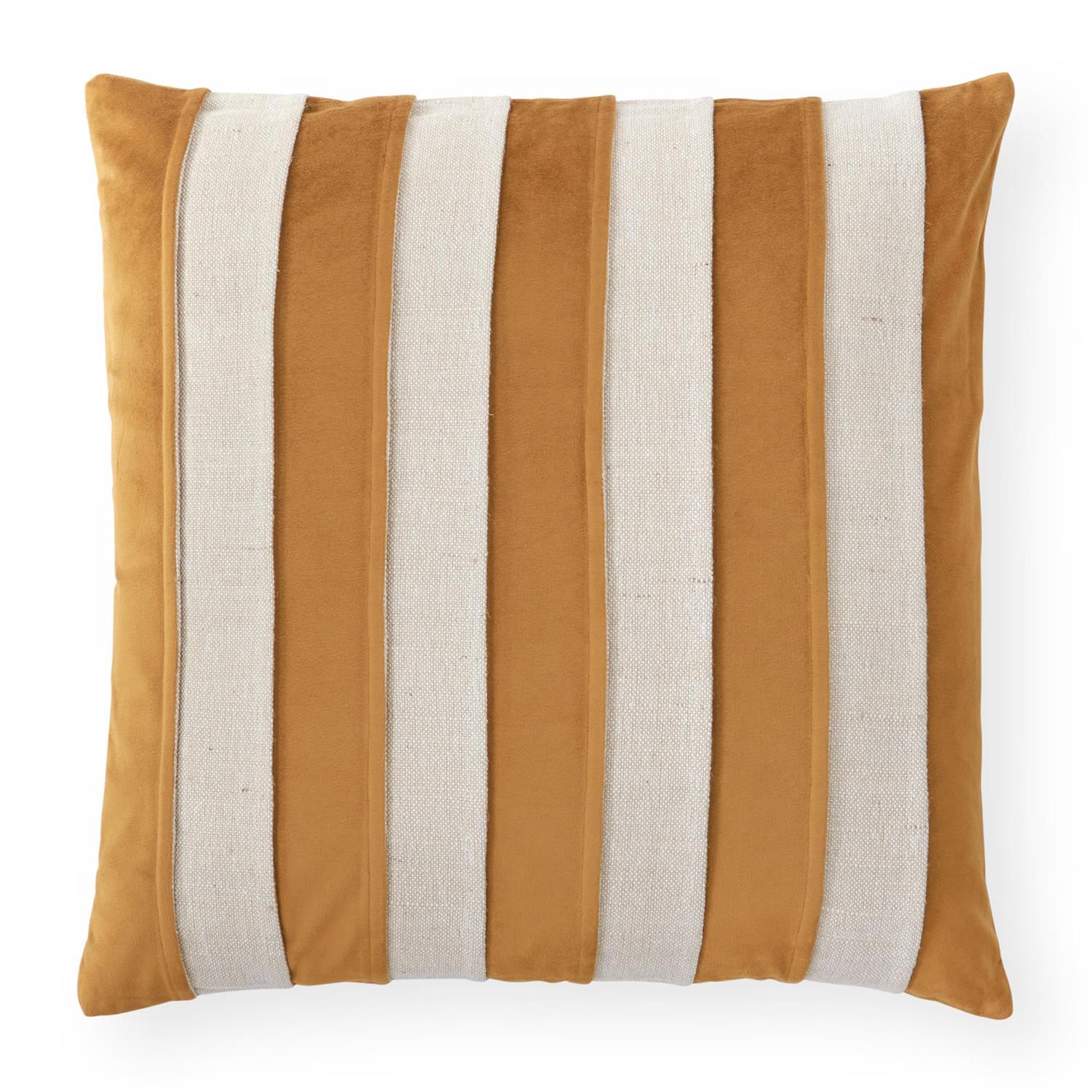 Striped pillow with mustard and beige vertical stripes on a white background
