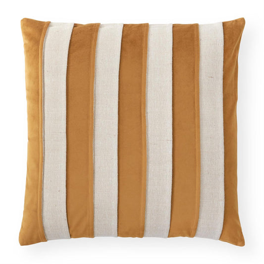 Striped pillow with mustard and beige vertical stripes on a white background