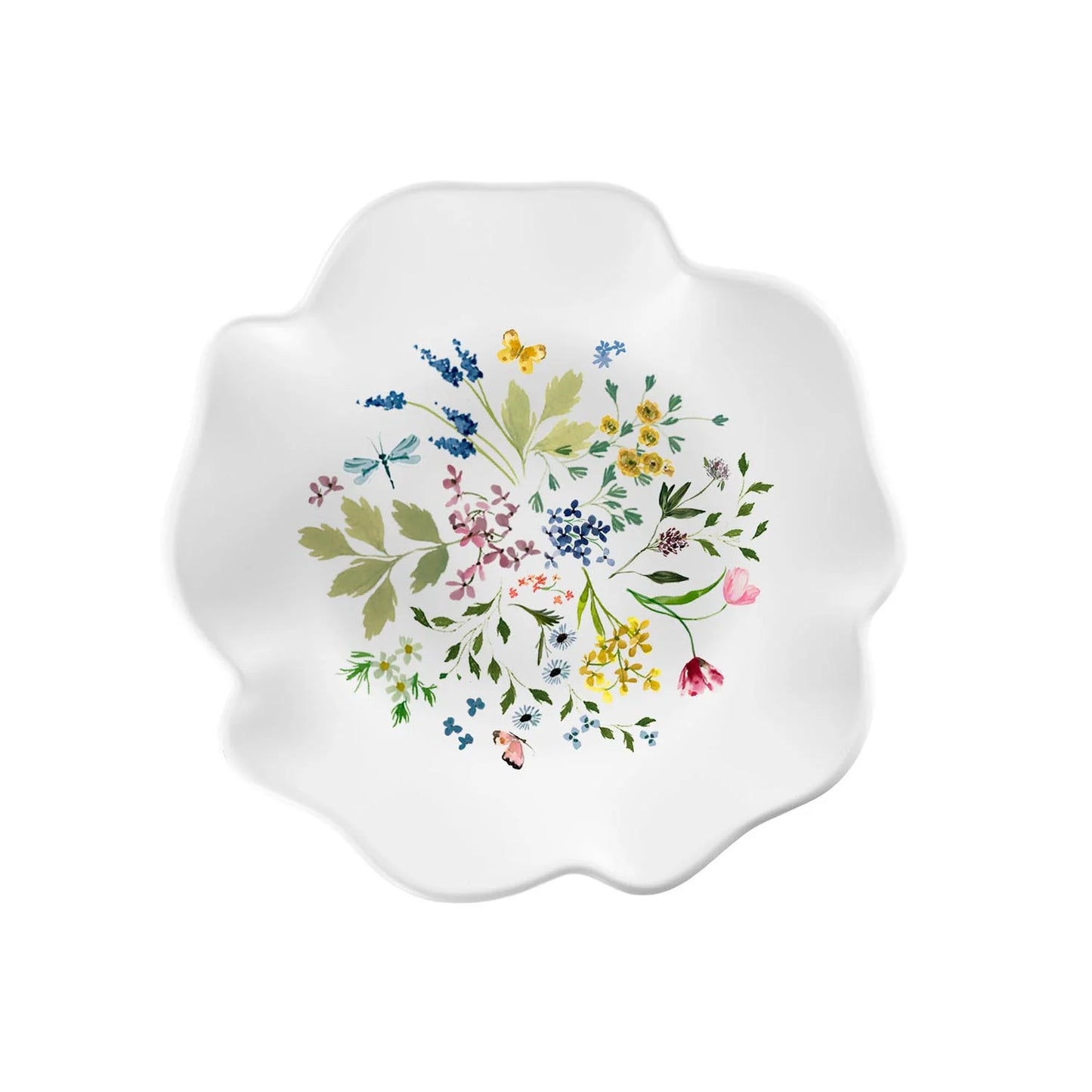 Decorative white melamine plate with wildflower floral design on a white background by merritt designs