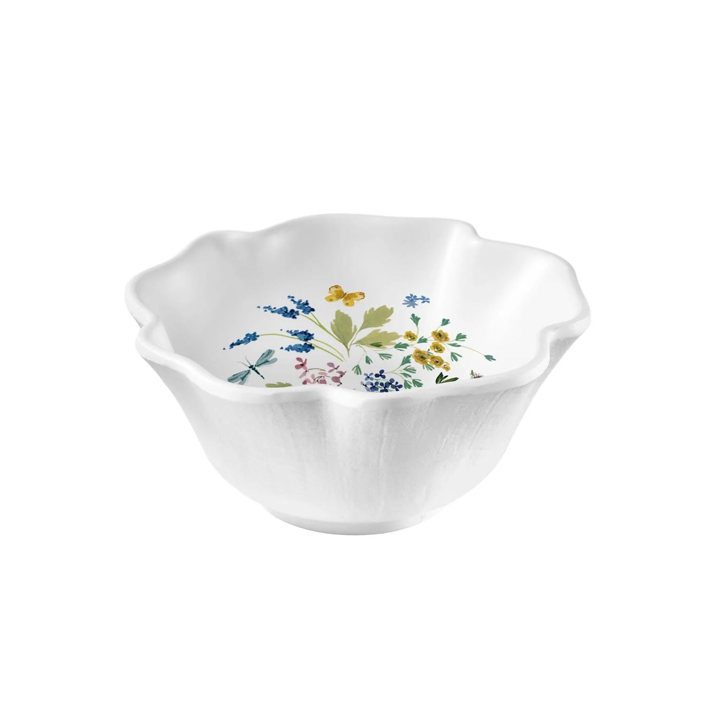 White melemine bowl with wildflower floral designs by merritt designs on a white background