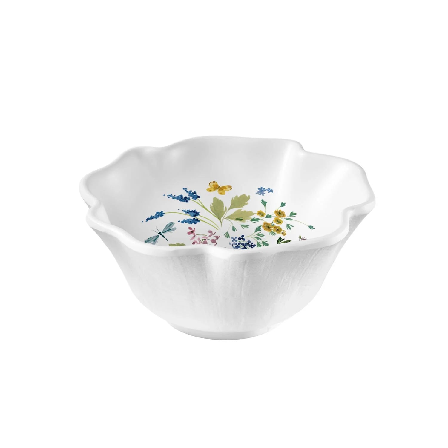 White melemine bowl with wildflower floral designs by merritt designs on a white background