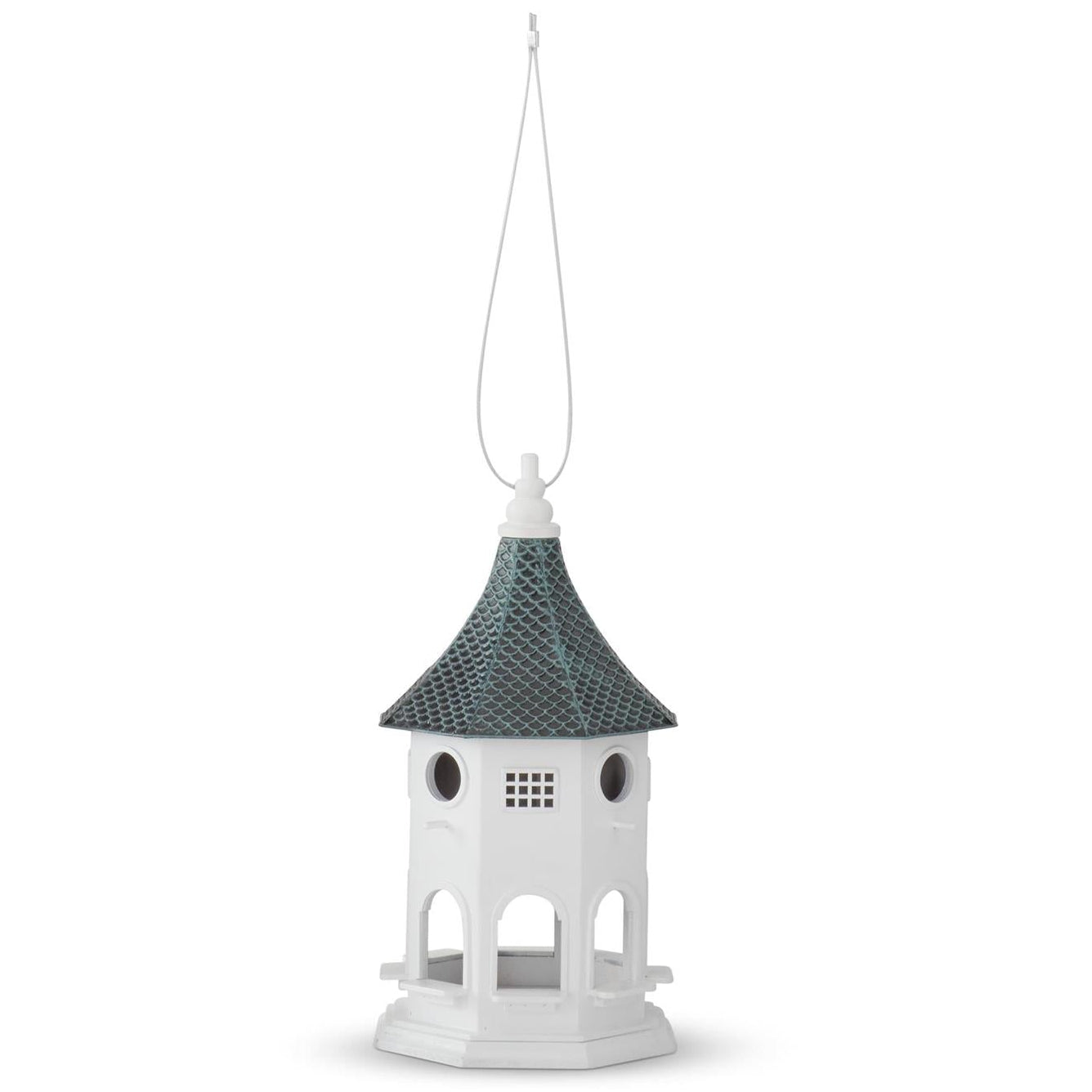 White birdhouse with a blue and black tin roof on a white background
