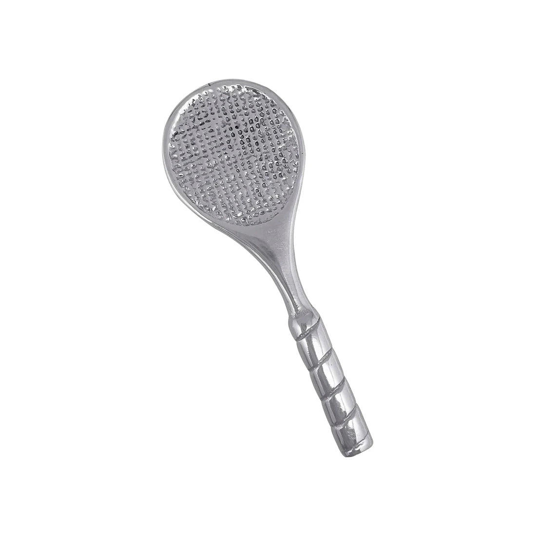 silver napkin weight in the shape of a tennis racket