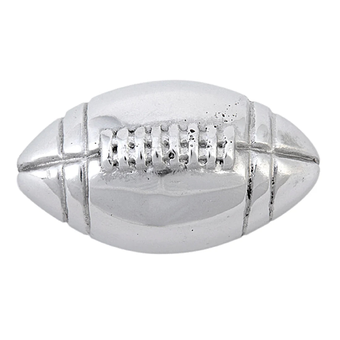 A silver aluminum football-shaped napkin weight with embossed details resembling stitching.