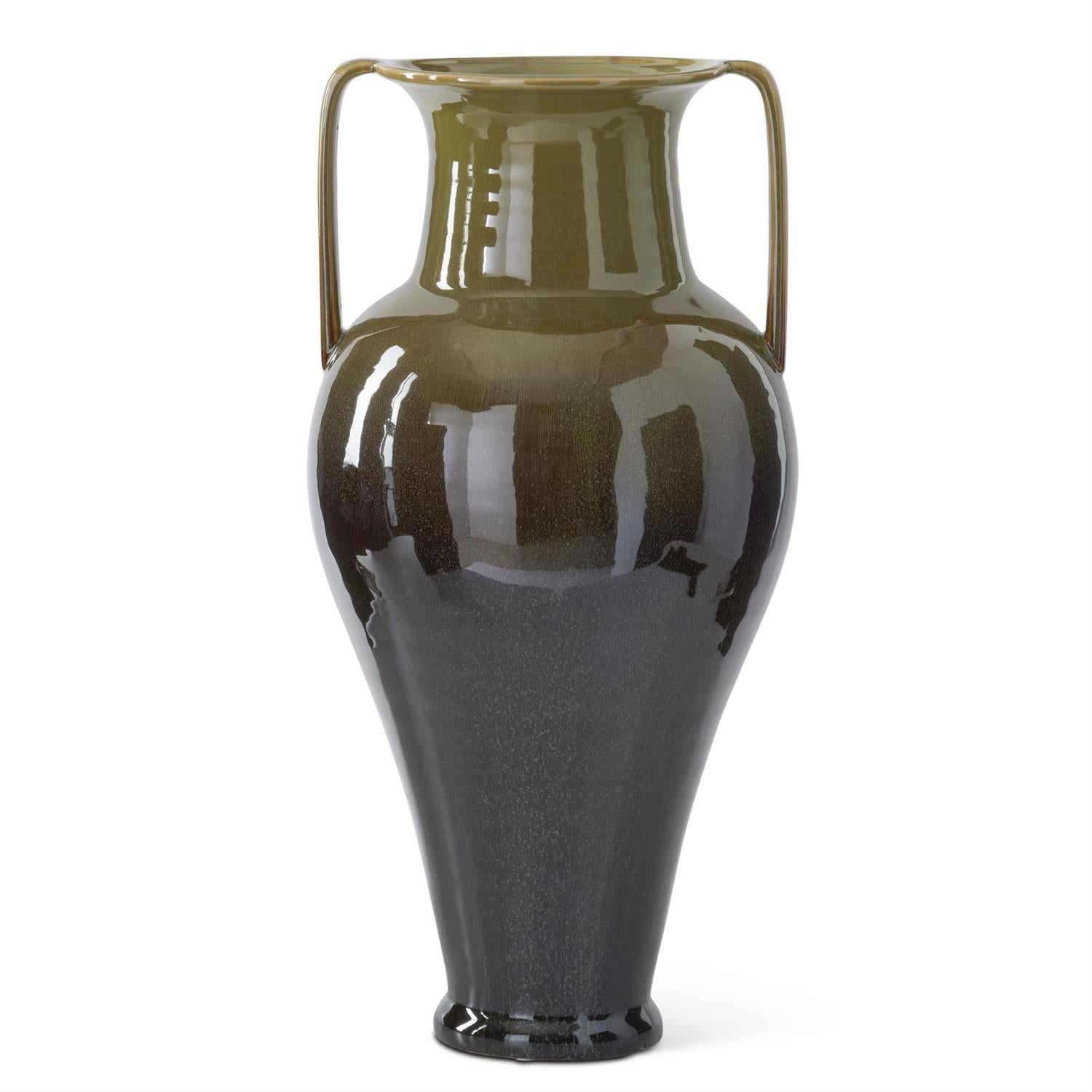 Glossy green ombre vase with handles on a white background