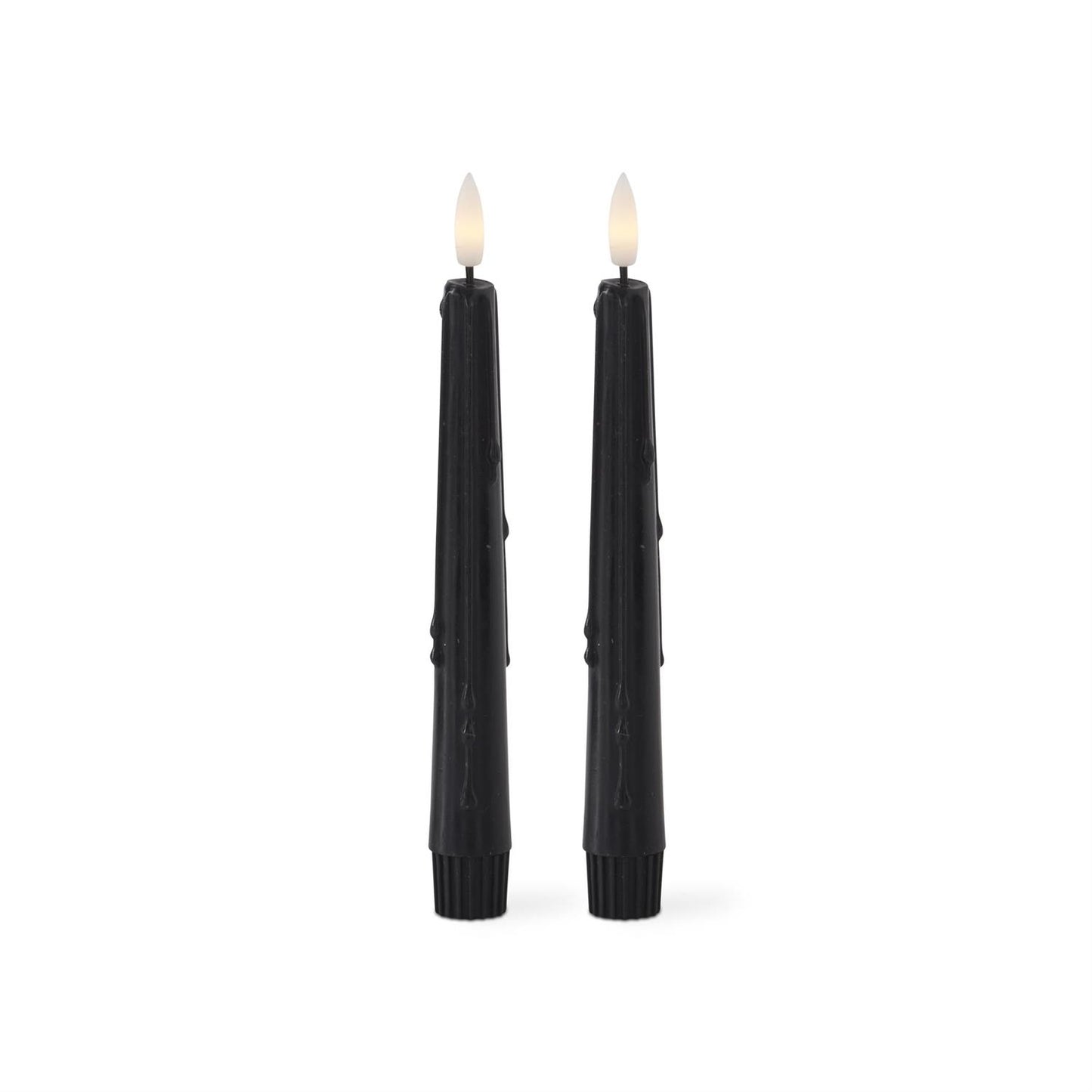 black 8" LED wax taper candles with drips at the top