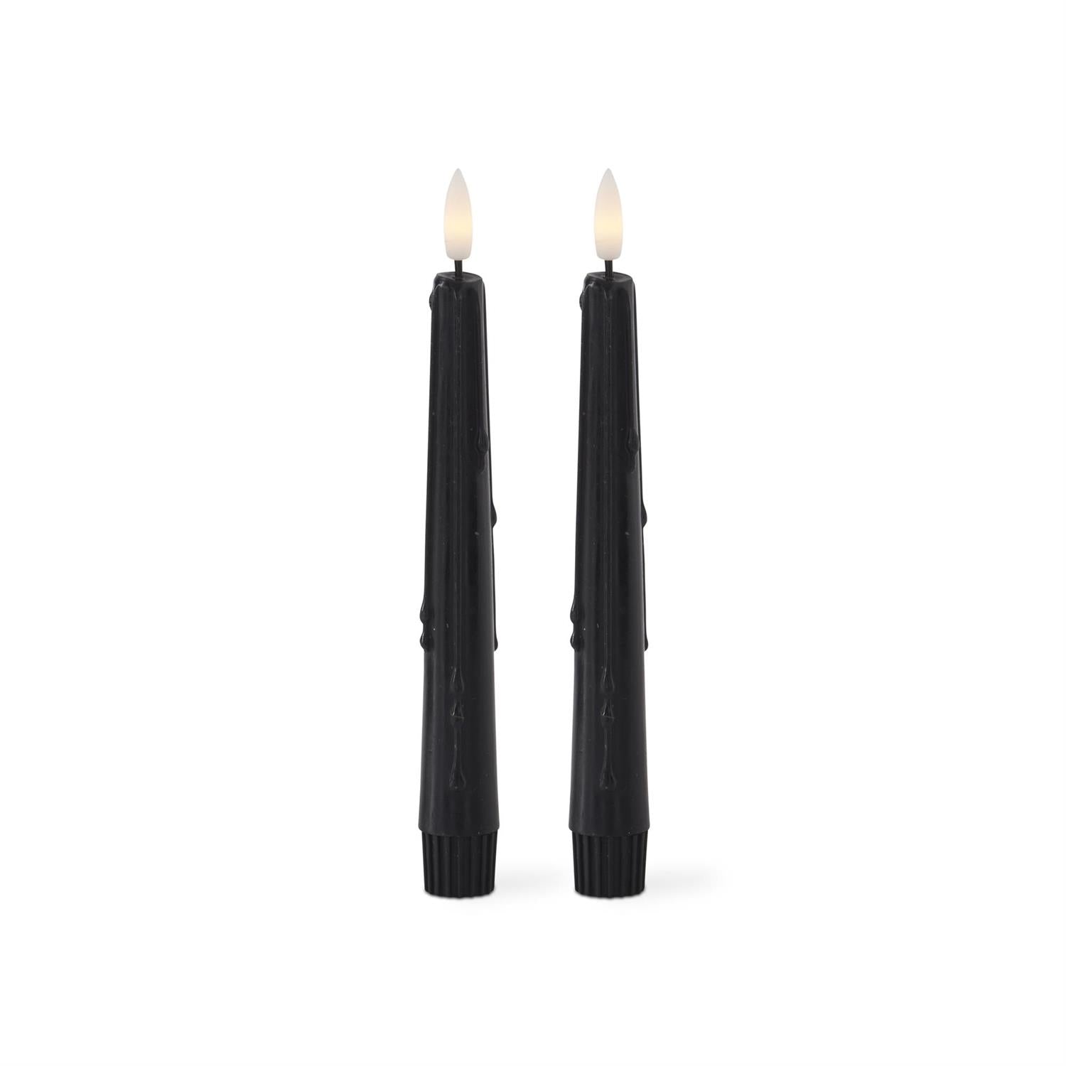black 8" LED wax taper candles with drips at the top