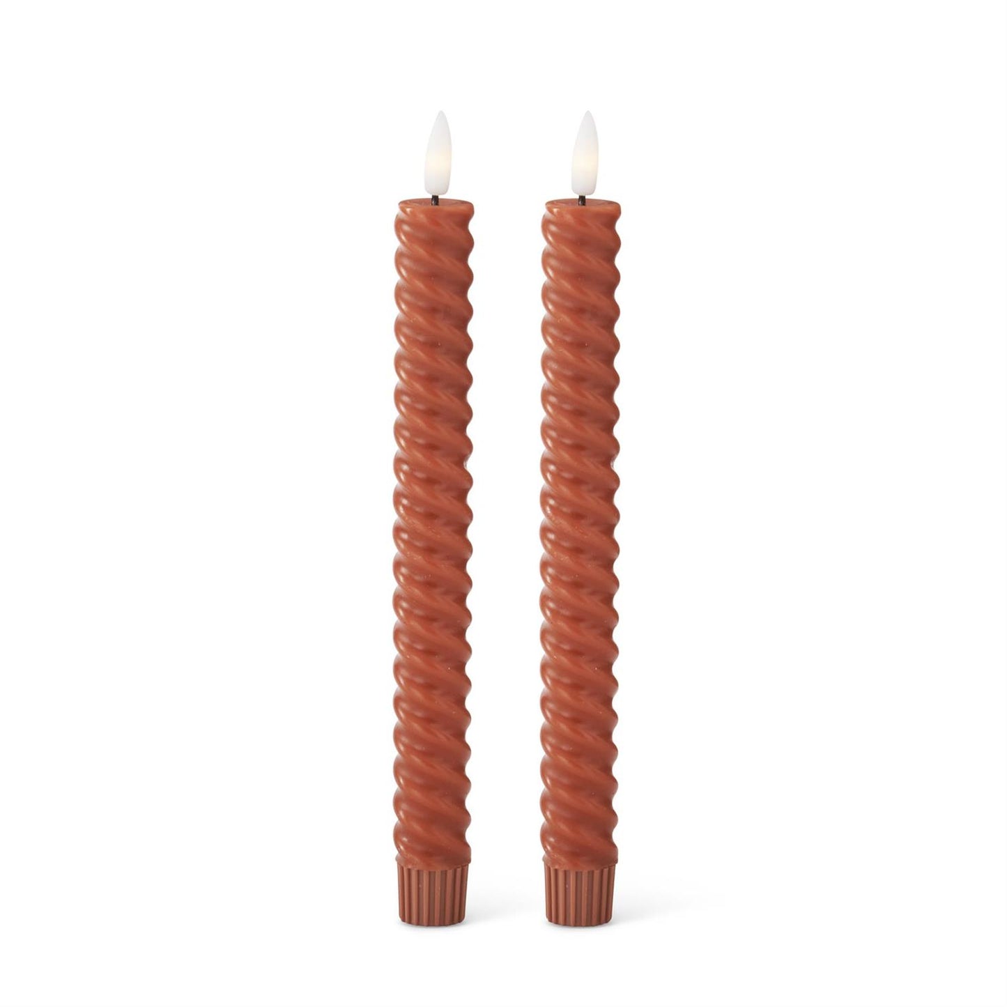 Two twisted LED taper rust-colored candles