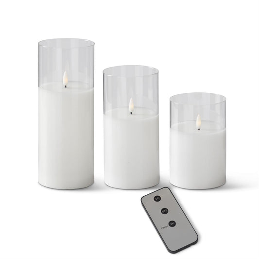 White LED Candle in Glass Votive w/Remote 8"