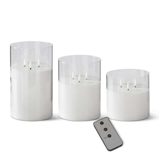 White LED 3 Wick Candle in Glass Votive w/Remote 10"