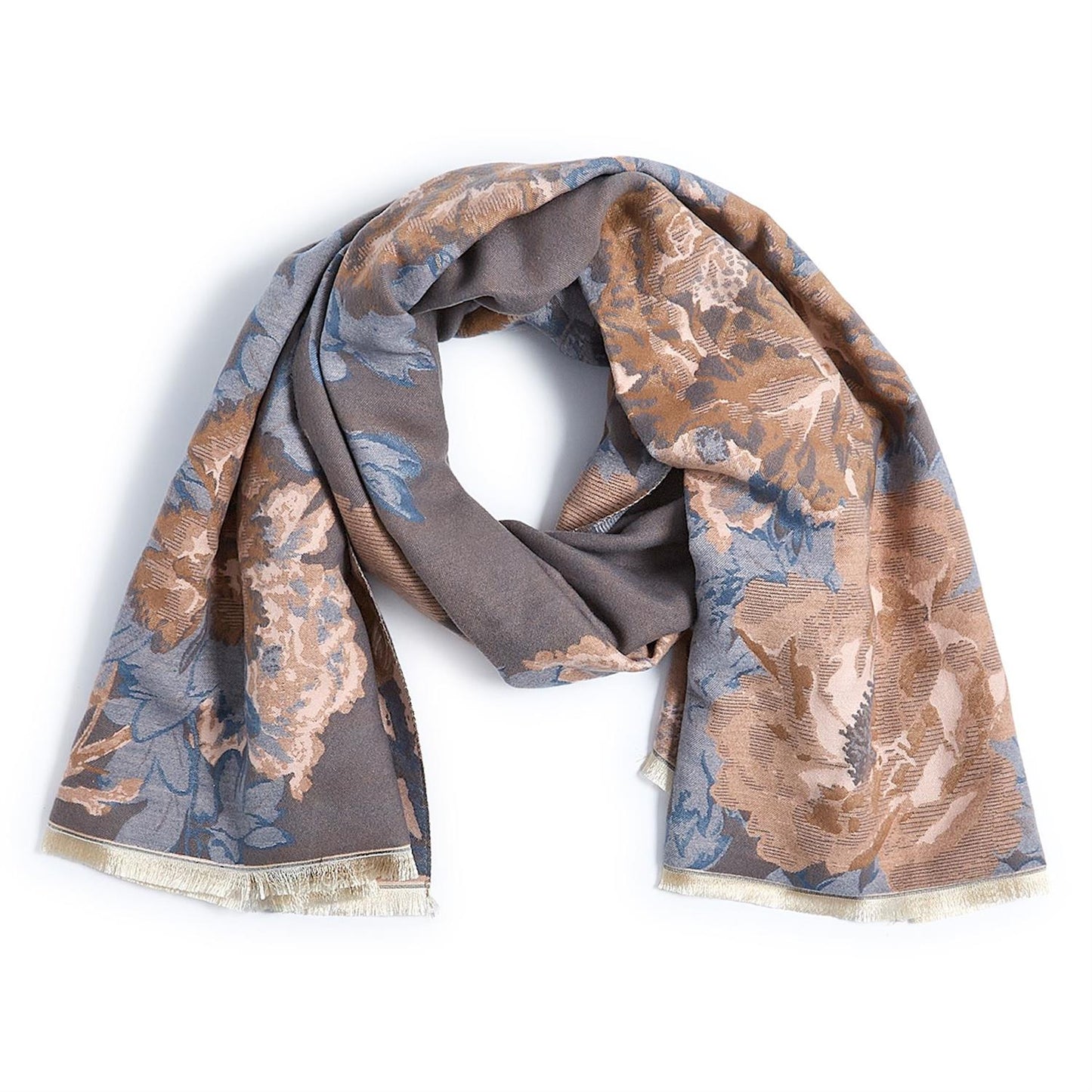 Floral patterned scarf in shades of gray, blue and beige