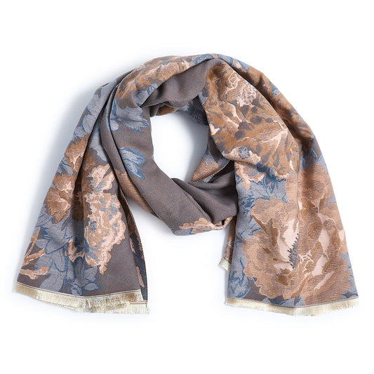 Floral patterned scarf in shades of gray, blue and beige