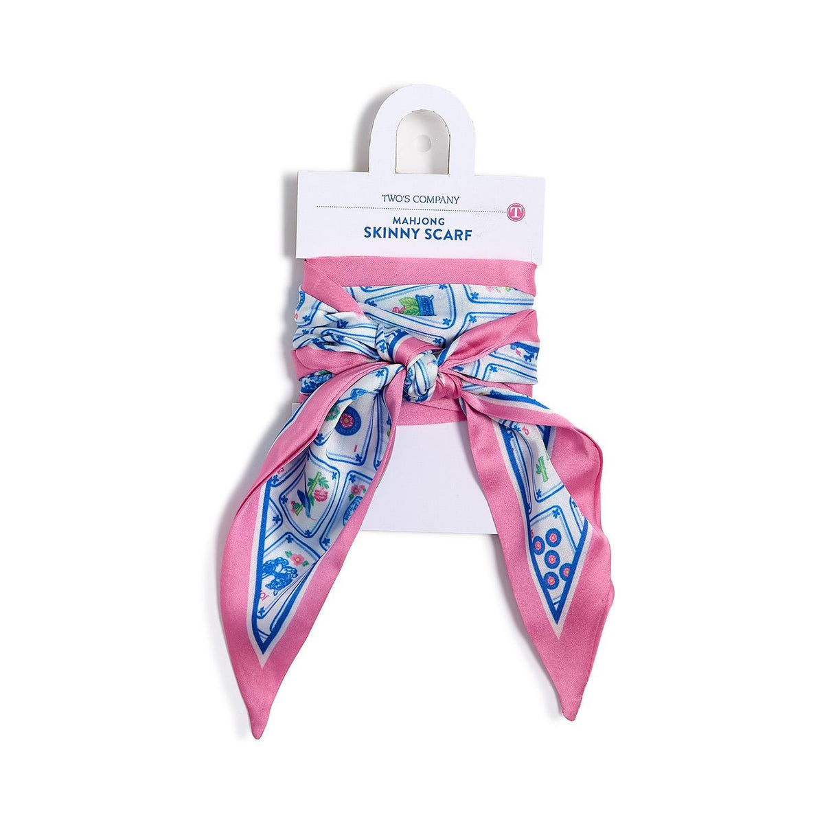 Pink and blue mahjong tile patterned skinny scarf on a white background