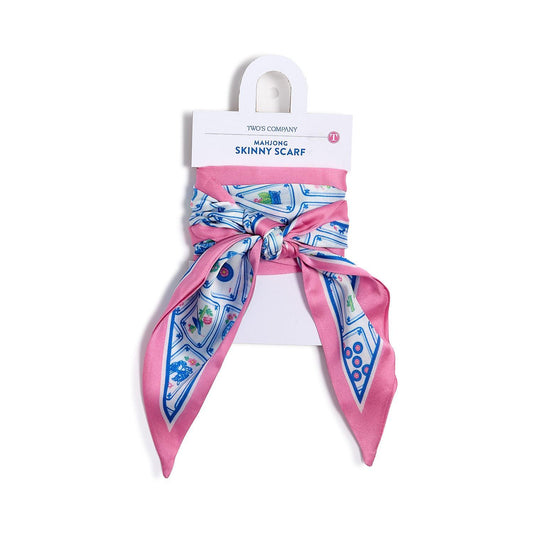 Pink and blue mahjong tile patterned skinny scarf on a white background