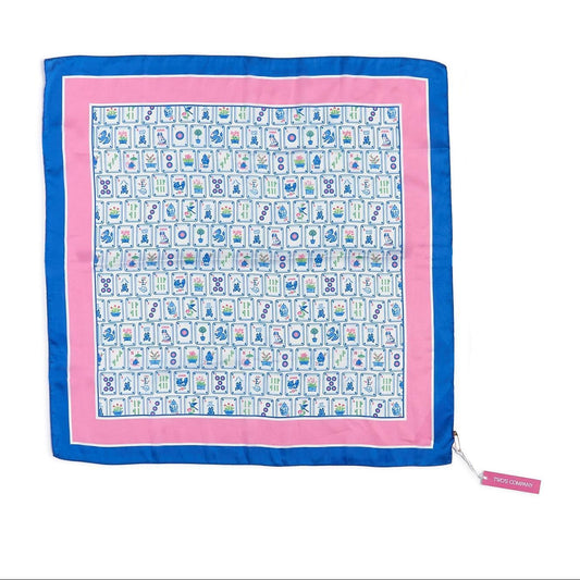 Square scarf with a mahjong tile patterned design in pinks, blues and white