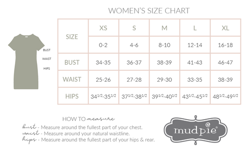 Mud Pie women's size chart for dresses with measurements in inches available at the little exchange