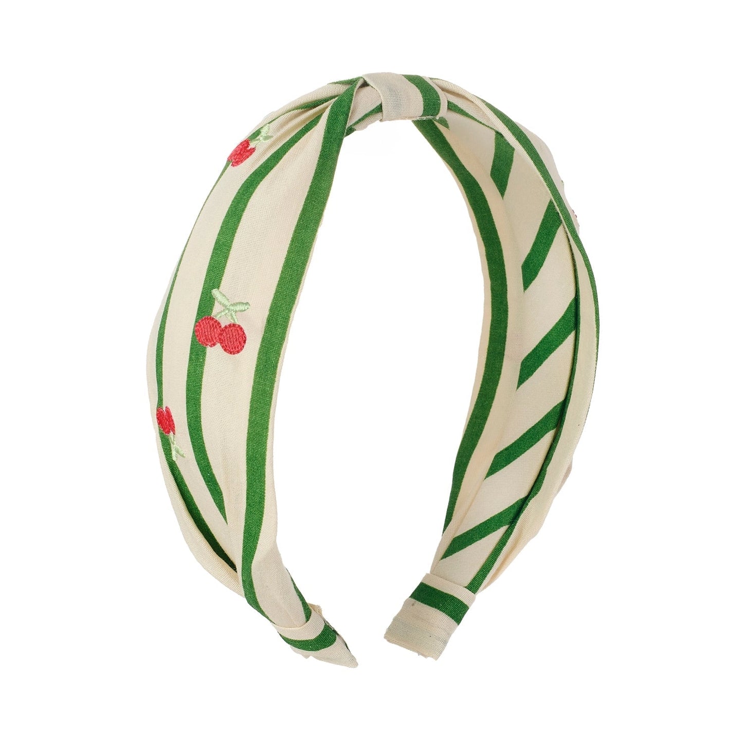 Headband with green and white striped pattern and red cherries 