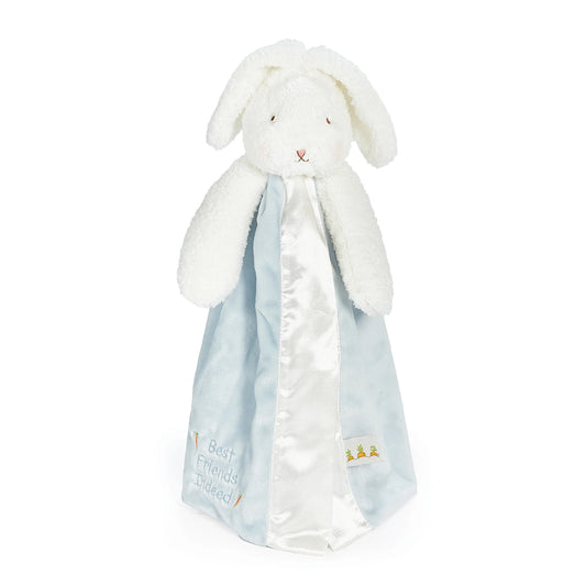 White bunny buddy blanket with a blue velour blanket with satin trim
