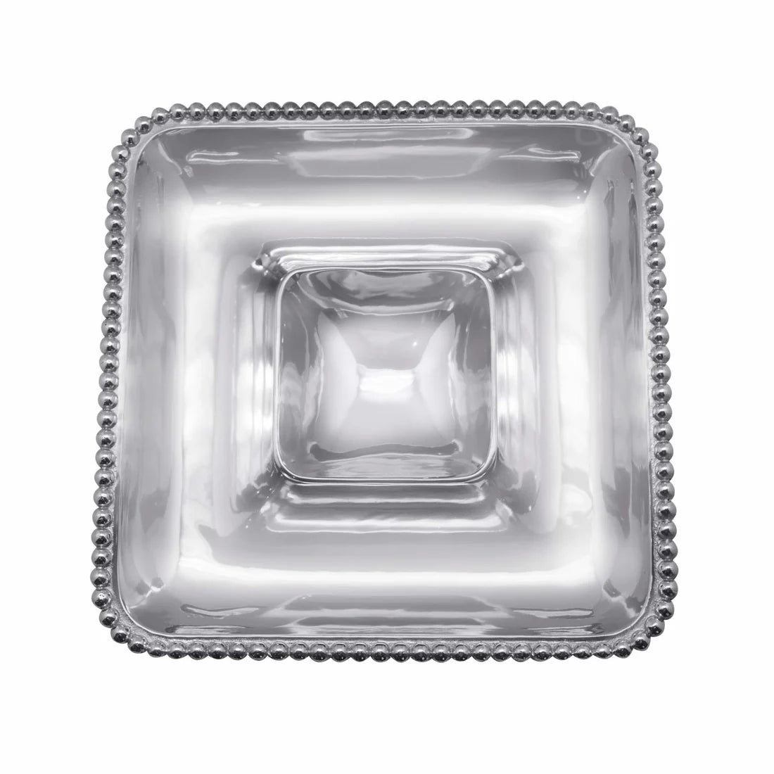 A square silver chip and dip with a pearled, beaded pattern on the edge.