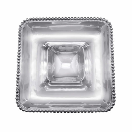 A square silver chip and dip with a pearled, beaded pattern on the edge.