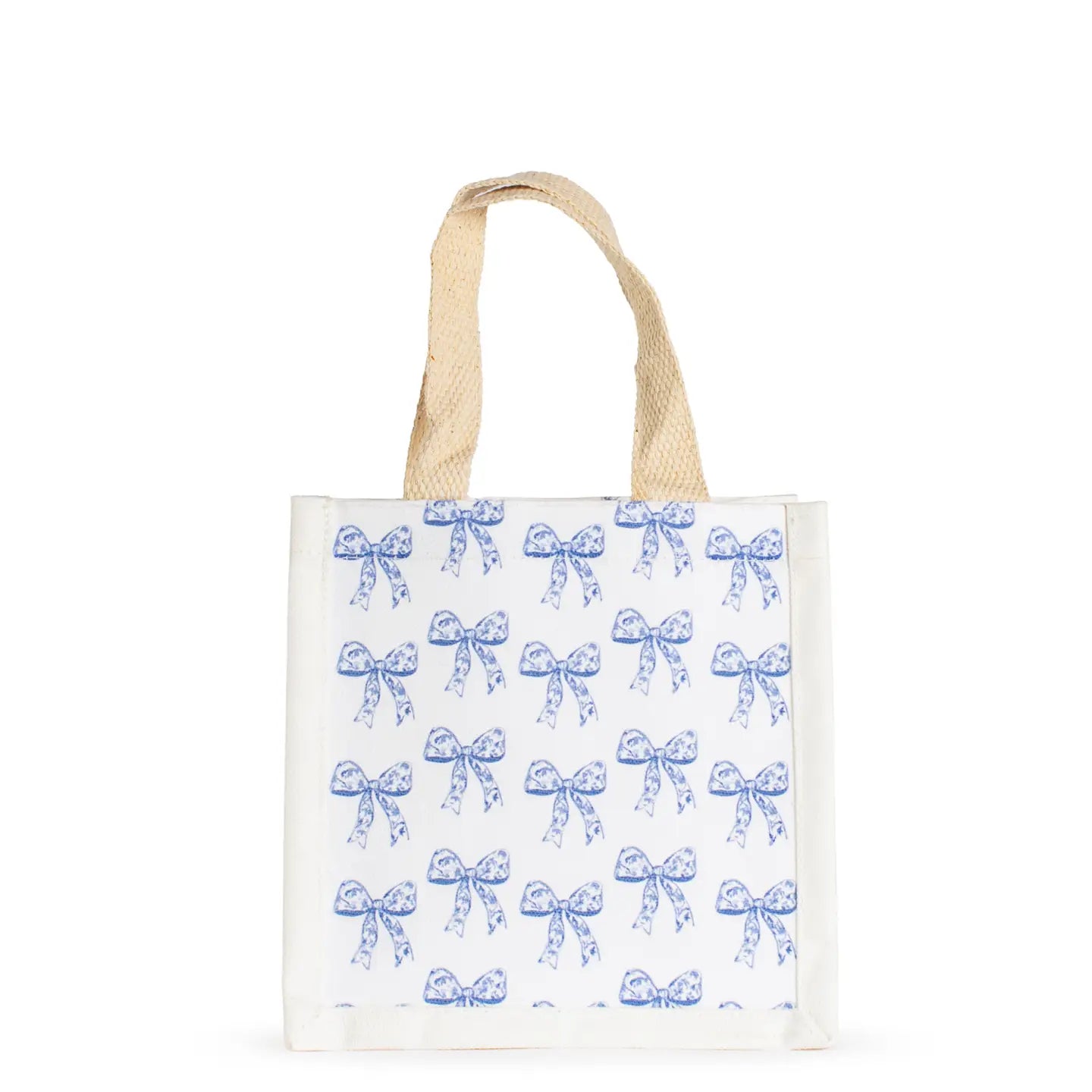 Tote bag with blue bow pattern on a white background