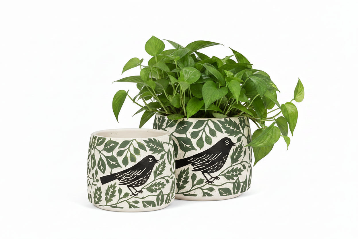 Two ceramic planters in graduated sizes, decorated with a green leaf pattern and a black bird illustration.